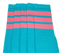 Thigh high Aqua socks with BubbleGum Pink stripes