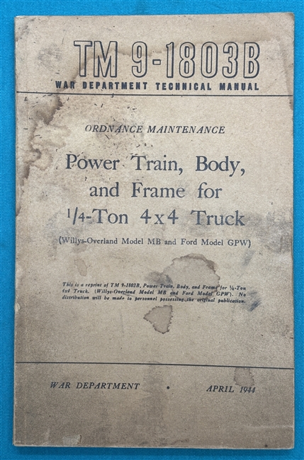TM9-1803B 1/4-Ton Truck MB & GPW Power Train Body & FrameTechnical Manual 1944