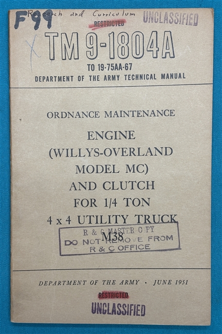 TM9-1804A  1/4 Ton Truck M38 Engine Technical Manual 1951