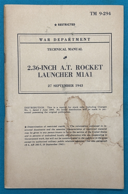TM 9-294  2.36" Rocket Laucher Bazooka M1A1  Technical Manual 1943