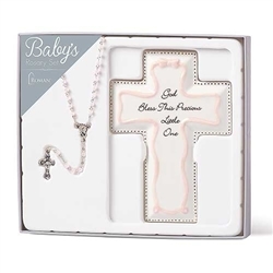 Girls Baptism pink rosary and 6.25"H cross set - Style ACC-GIFT033