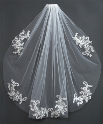 24" White veil comb with flower bow