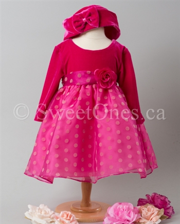 Infant pink polka dot stretch velvet party dress with hat