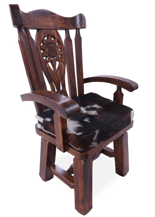 Reclaimed Wood Chair Handcarved Back Sunflower Removable Hair-On Cowhide Pillow