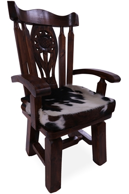 Reclaimed Wood Chair Handcarved Back Sunflower Removable Hair-On Cowhide Pillow