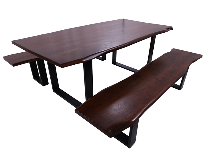 Solid Wood 3 Piece Dining Set With Metal Legs - Table And Two Bench