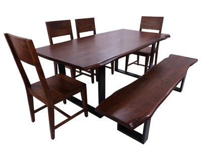 Solid Wood 6 Piece Dining Set With Metal Legs - Table, Bench and Four Chairs