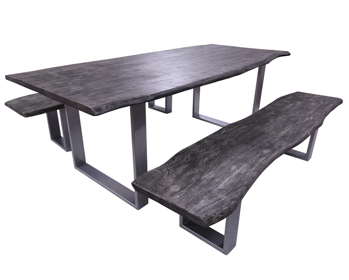 Grey Solid Wood 3 Piece Dining Set With Metal Legs - Table And Two Bench