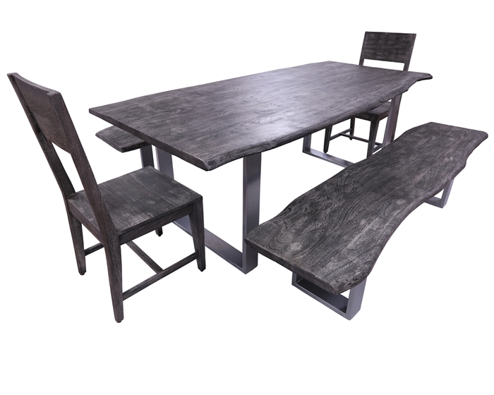Grey Solid Wood 5 Piece Dining Set With Metal Legs - Table, Two Bench and Two Chairs