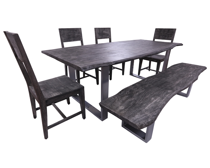 Grey Solid Wood 6 Piece Dining Set With Metal Legs - Table, Bench and Four Chairs