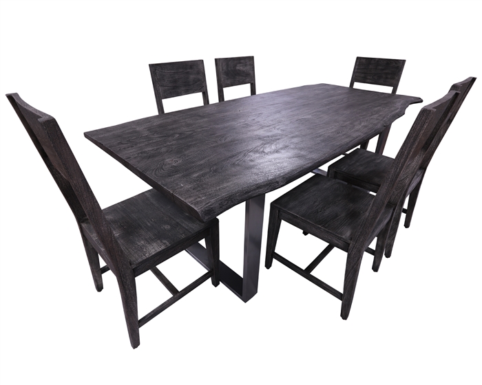 Grey Solid Wood 7 Piece Dining Set With Metal Legs - Table And Six Chairs