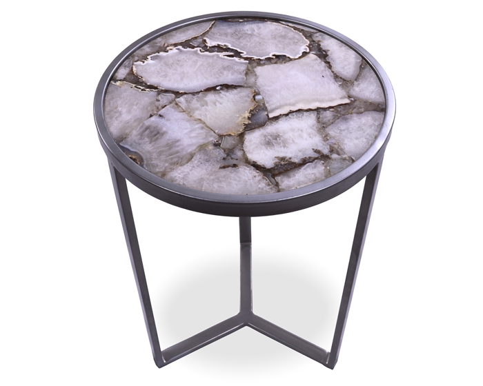 White Agate Accent Side Table Silver Base