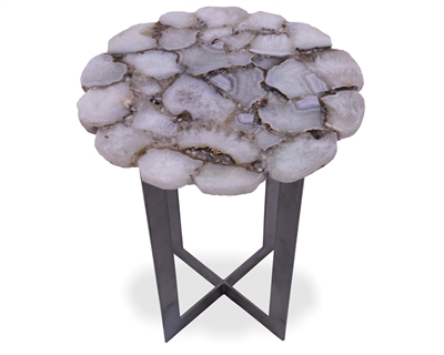 White Agate Accent Side Table Silver Base
