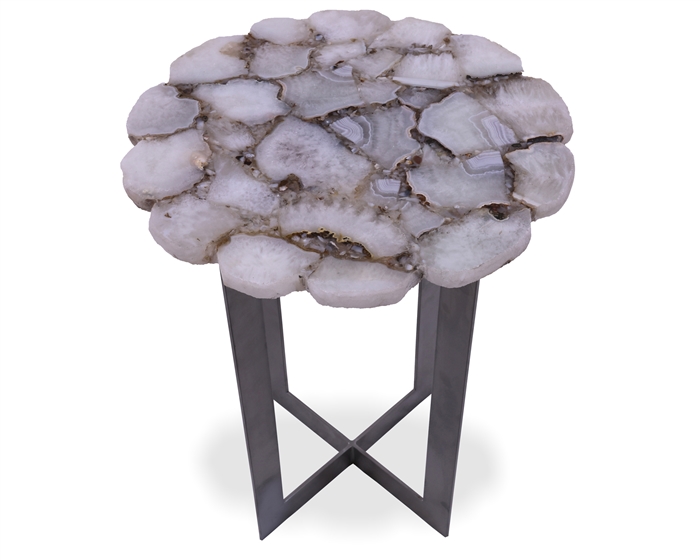 White Agate Accent Side Table Silver Base
