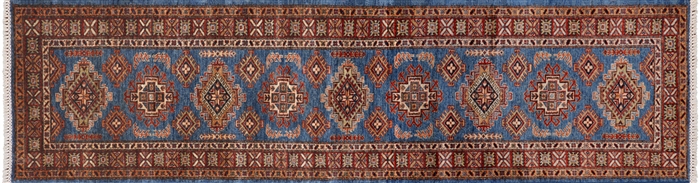 Runner Geometric Super Kazak Hand Knotted Rug