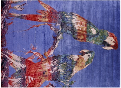 Modern Parrots Design Hand Knotted Wool & Silk Rug