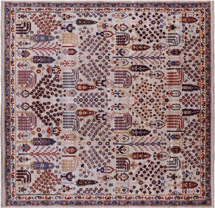 Square Hand-Knotted Persian Ziegler Wool Rug