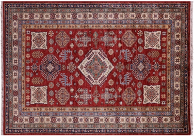 Red Geometric Super Kazak Handmade Wool Rug 5' 0" X 6' 11" - Q12942