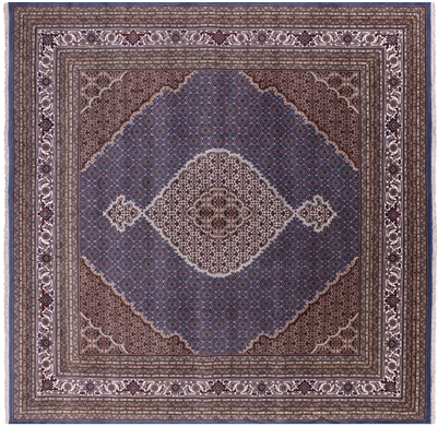Square Wool & Silk Persian Tabriz Hand Knotted Rug