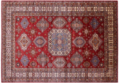 Red Super Kazak Geometric Handmade Wool Rug 8' 10" X 12' 7" - Q14528