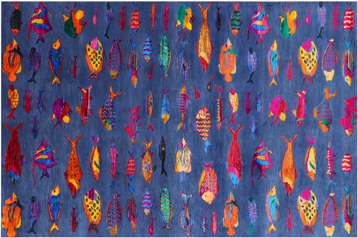 Gabbeh Fish Design Hand-Knotted Wool & Silk Rug