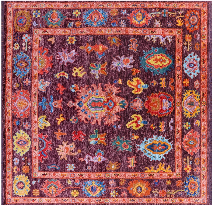 Square Hand-Knotted Turkish Oushak Wool Rug