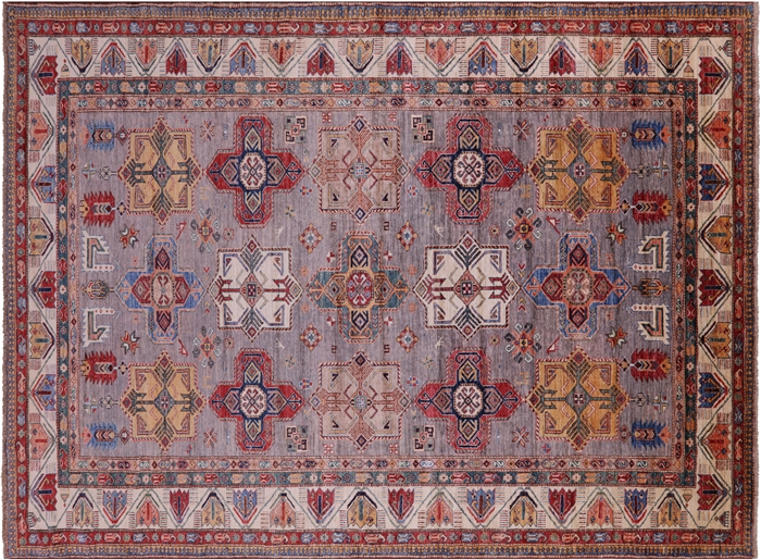 Geometric Super Kazak Hand-Knotted Wool Rug