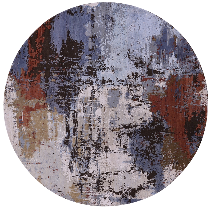 Round Hand Knotted Wool & Silk Modern Abstract Rug
