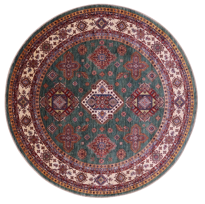 Round Super Kazak Hand-Knotted Wool Rug