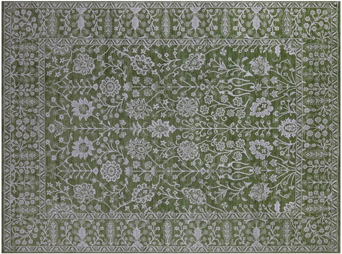 Green Persian Tabriz Hand-Knotted Wool & Silk Rug