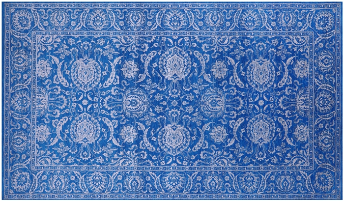 Blue Persian Tabriz Wool & Silk Hand Knotted Rug