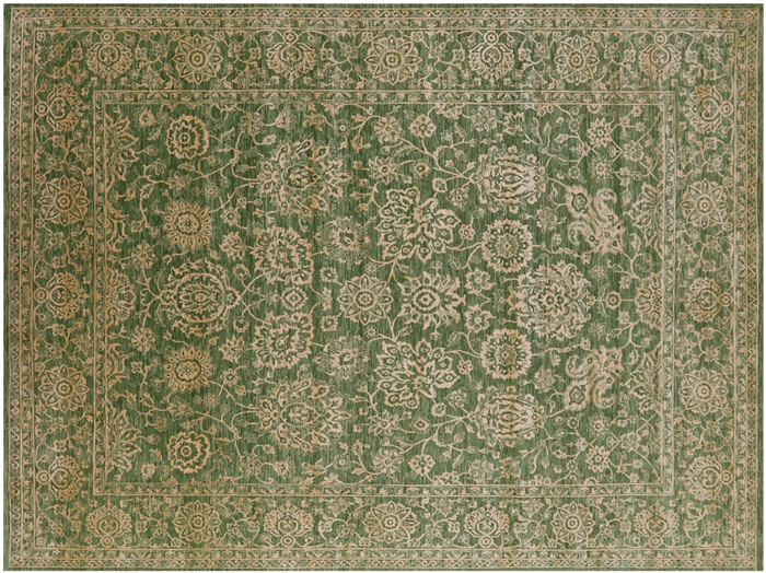 Green Persian Tabriz Handmade Wool & Silk Rug
