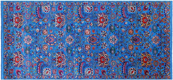 Blue Persian Tabriz Wool & Silk Hand-Knotted Rug