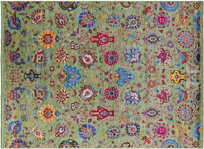 Green Persian Tabriz Wool & Silk Handmade Rug