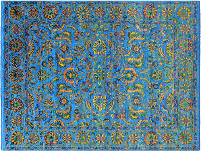 Blue Persian Tabriz Hand-Knotted Wool & Silk Rug