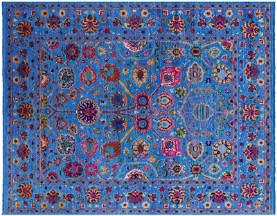 Blue Wool & Silk Persian Tabriz Hand Knotted Rug