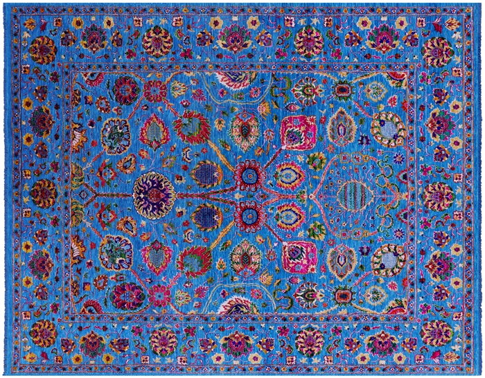 Blue Wool & Silk Persian Tabriz Hand Knotted Rug