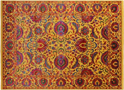 Gold Wool & Silk Persian Tabriz Hand Knotted Rug