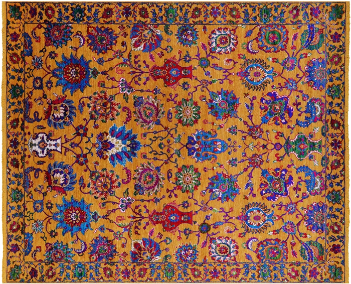 Gold Persian Tabriz Hand Knotted Wool & Silk Rug