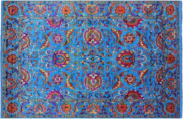 Blue Persian Tabriz Wool & Silk Hand-Knotted Rug