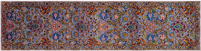 Grey Persian Tabriz Hand Knotted Wool & Silk Runner Rug