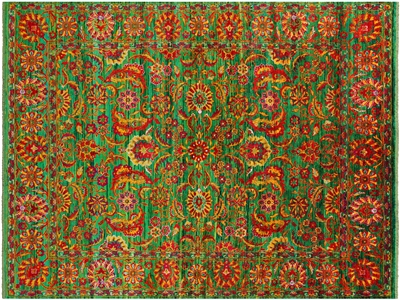 Green Persian Tabriz Hand-Knotted 100% Silk Rug