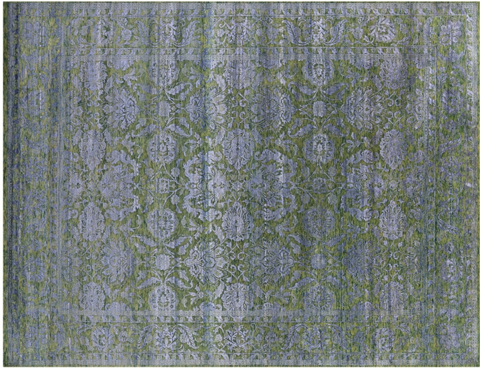 Green/Grey Persian Tabriz Hand-Knotted Wool & Silk Rug