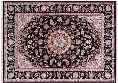 Black Persian Nain Wool & Silk Handmade Rug