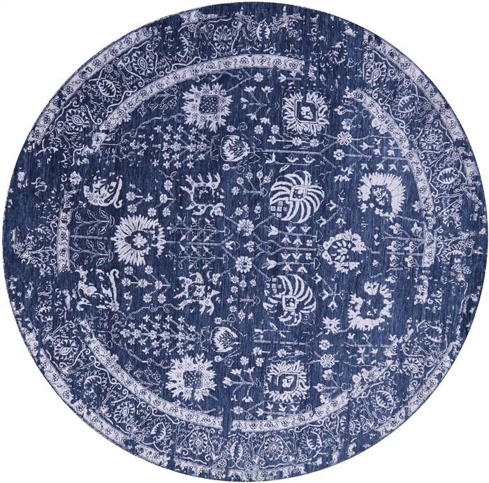 Round Wool & Silk Persian Tabriz Hand-Knotted Rug