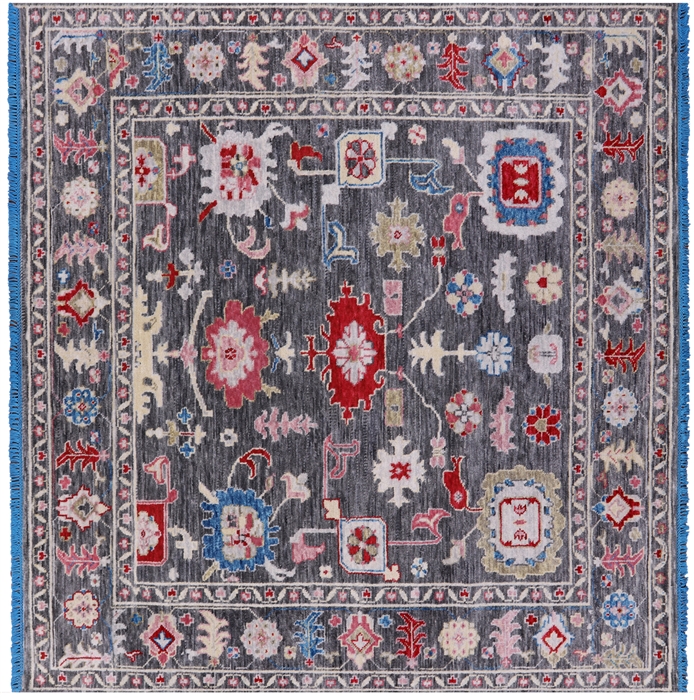 Square Hand-Knotted Turkish Oushak Wool Rug