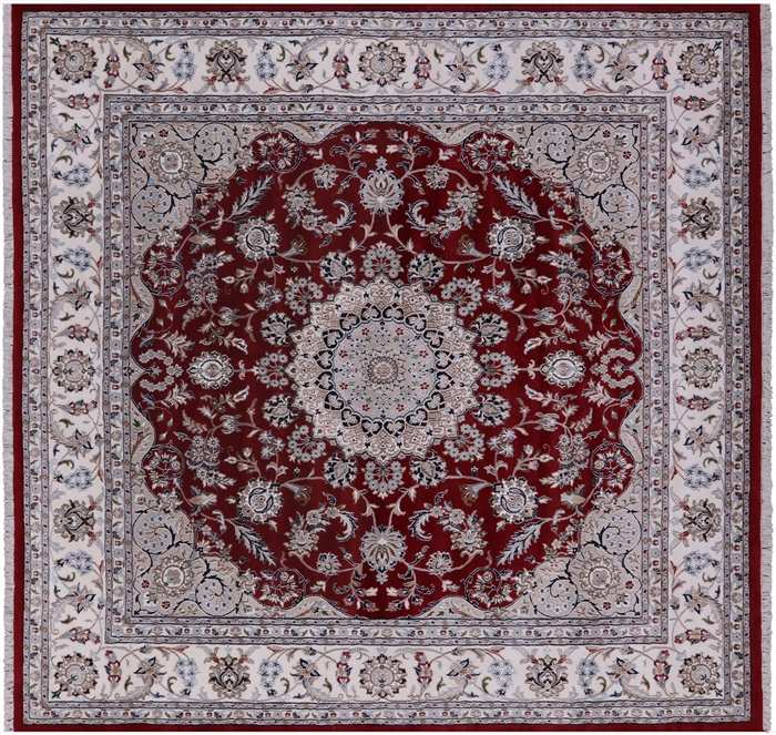 Square Persian Nain Wool & Silk Hand-Knotted Rug