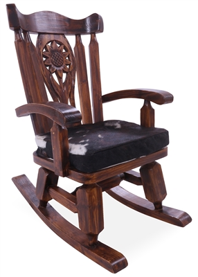 Wooden Rocking Chair Handcarved Back Sunflower Removable Hair-On Cowhide Pillow