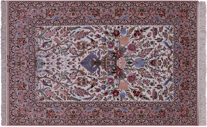 Hand Knotted Signed Isfahan Persian Wool & Silk Rug