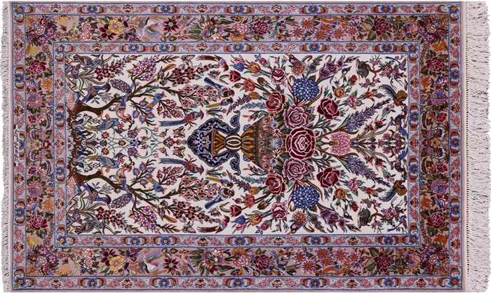 Signed Persian Isfahan Pictorial Wool & Silk Rug